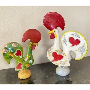 2 Vintage Handpainted Folk Art Portuguese Good Luck Ceramic Roosters READ